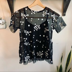 Glance Floral Embroidered Mesh Top